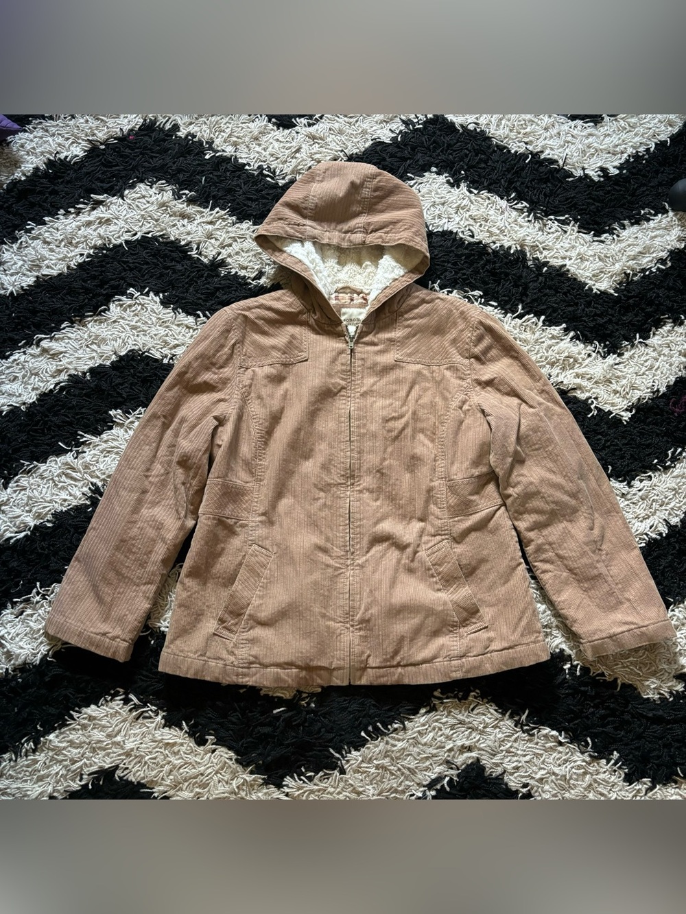 Fall / Winter Coat Thick Beige Corduroy Zip Up Jacket with White Faux Fur Hood